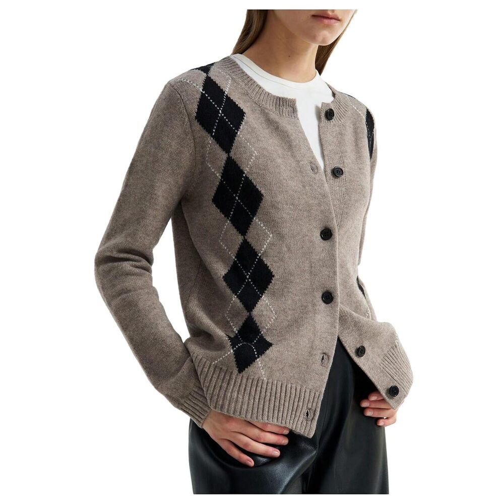 Women's Button Up Cardigan Sweater Crew Neck Fall Argyle Sweater Preppy